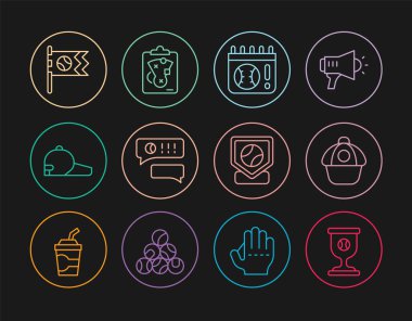 Beyzbol topu, beysbol şapkası, takvim oyunu, konuşma balonu sohbeti, Bayrak ve Planlama strateji ikonu olan çizgi ödül kupası. Vektör