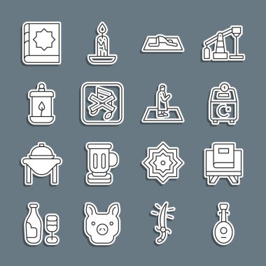 Lute 'u, Kur' an 'ın Kutsal Kitabını, Bağış' ı, Müslümanların dualarını, Sözcüyü, Ramazan Kareem fenerini ve ikonunu düzenle. Vektör