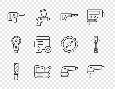 Hattı ayarla Rasp metal dosya, elektrikli yapboz, karşılama, planer alet, matkap, elektrik jeneratörü, kum ve elektrikli el beton karıştırıcı ikonu. Vektör