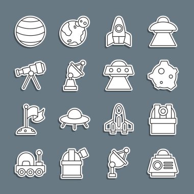 Hat hattı uzay kapsülü, astronomik gözlemevi, Asteroid, Roket gemisi, uydu çanağı, Teleskop, Gezegen ve UFO uçan uzay gemisi ikonu. Vektör