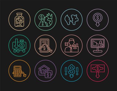 Hat başına düşen dolar oranı düşüşü, küresel ekonomik kriz haberleri, bozuk domuz kumbarası, mobil hisse senedi ticareti, ham petrol fiyatını düşürme, madeni paralı cam para kavanozu, işten çıkarma ve ikon. Vektör