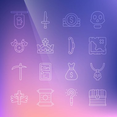 Sıraya dizilmiş sandık, kolye tılsımı, korsan hazine haritası, antik para, kral tacı, baltalı ortaçağ kalkanı, sokak tabelası barı ve yay ikonu. Vektör