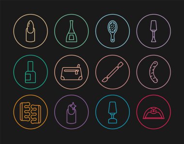 Sıra sıra manikür lambası, tırnak törpüsü, kozmetik çanta, bir şişe tırnak cilası, manikür, tırnak törpüsü ve ikon. Vektör