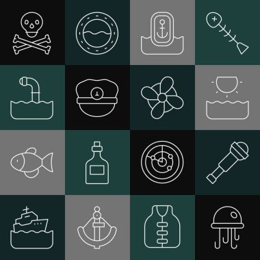 Denizanası, Spyglass teleskop lensi, güneş, çapalı konum, Kaptan şapkası, Periscope, Kurukafa çapraz kemikleri ve bot pervane ikonu. Vektör