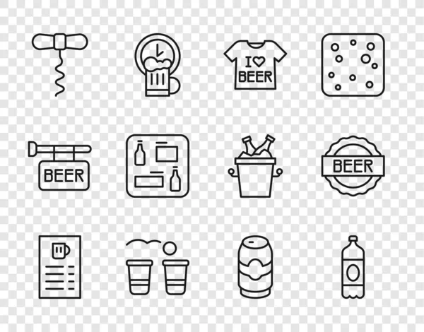 Set line Beer menu, Plastic beer bottle, T-shirt, pong game, Wine corkscrew, can and Bottle cap with icon. Vector — 图库矢量图片