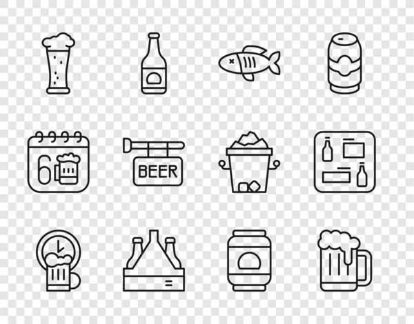 Ligne de consigne Happy hour, tasse de bière en bois, poisson séché, paquet de bouteilles, verre, enseigne de rue avec bière, boîte et icône de menu. Vecteur — Image vectorielle
