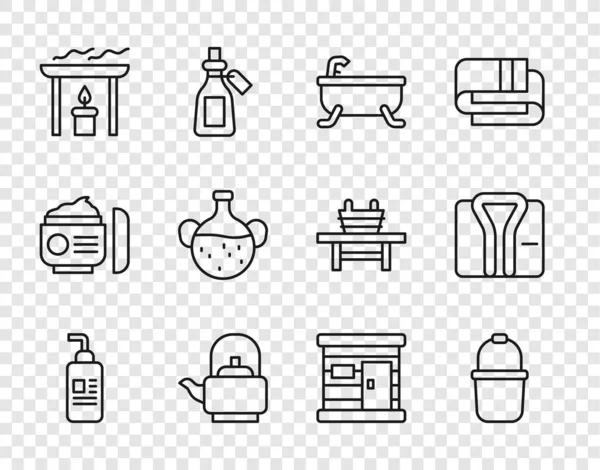 Hat kremi ya da losyon kozmetik tüpü, sauna kovası, küvet, tutacağı olan kettle, Aroma mumu, temel yağ şişesi, ahşap hamam ve bornoz ikonu. Vektör — Stok Vektör