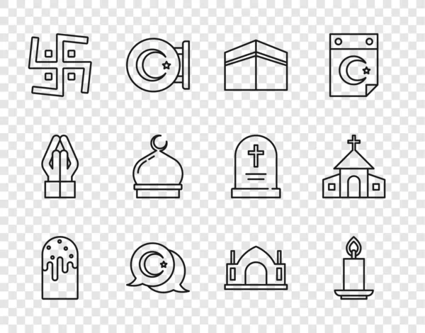 Set line Easter cake, Burning candle, Kaaba mosque, Star crescent, Hindu swastika, Muslim Mosque, spiritual temple and Church building icon. Vector — Stockvektor