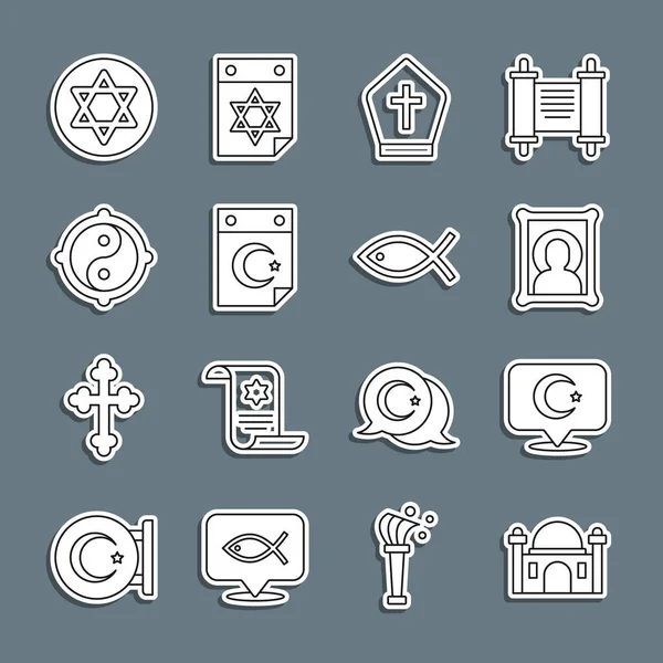 Set line Muslim Mosque, Star and crescent, Christian icon, Pope hat, Yin Yang, of David and fish icon. Vector — Vettoriale Stock