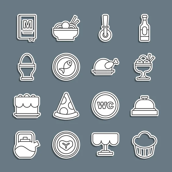 Set line Cupcake, Hotel service bell, Ice cream in bowl, Pizza knife, Served fish on plate, Chicken egg stand, Restaurant cafe menu and Roasted turkey or chicken icon. Vector — Vettoriale Stock