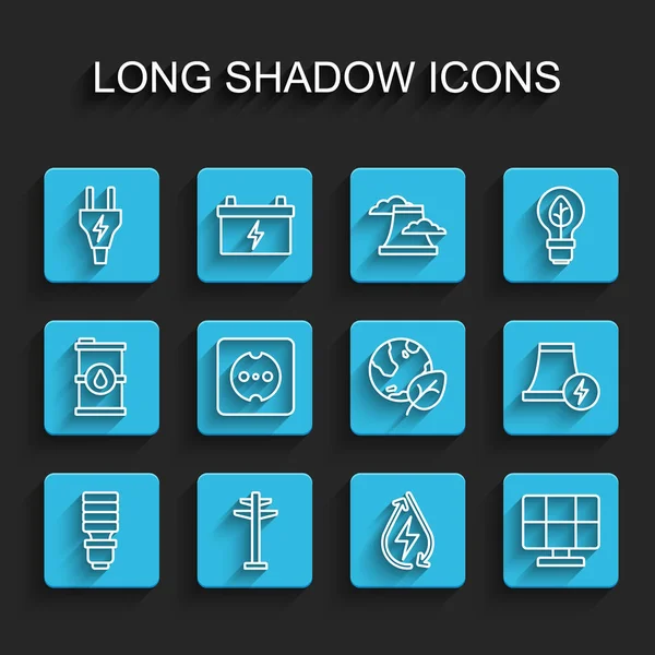 Set lijn LED-lamp, Elektrische toren, stekker, Water energie, Zonnepaneel, Elektrische uitgang, Kerncentrale en aarde bol en blad pictogram. Vector — Stockvector