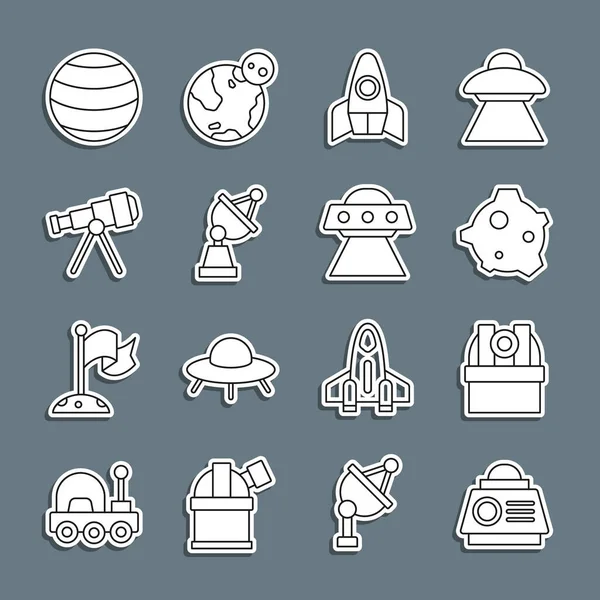 Hat hattı uzay kapsülü, astronomik gözlemevi, Asteroid, Roket gemisi, uydu çanağı, Teleskop, Gezegen ve UFO uçan uzay gemisi ikonu. Vektör