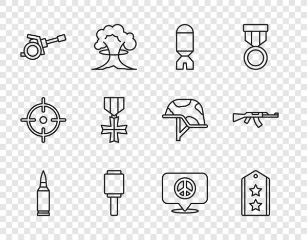 Beállítás vonal Golyó, katonai rang, Rakétavető, Anti-tank kézigránát, Howitzer, jutalom medál, Helyszín béke és géppisztoly ikon. Vektor — Stock Vector