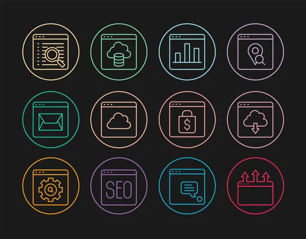 Beállítás sor Böngésző ablak, Felhő letöltés, Grafikon chart infographic, technológia adatátvitel, Weboldal és mail, Kereső motor, Online vásárlás a képernyőn és ikon. Vektor — Stock Vector
