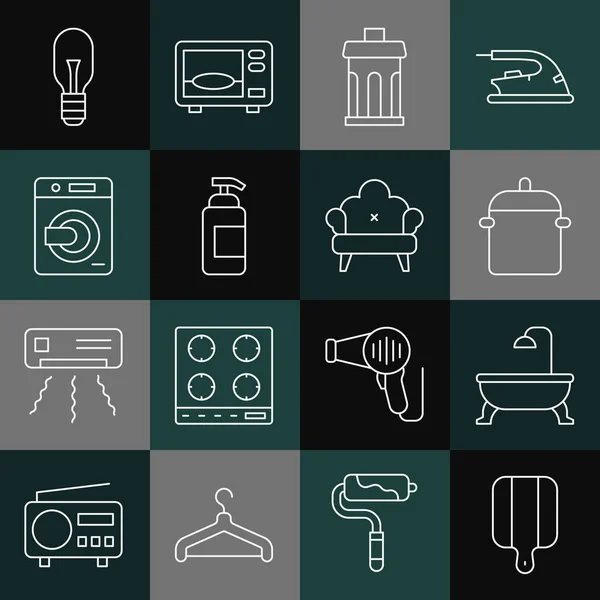Definir linha de corte placa, banheira, panela de cozinha, lata de lixo, sabão antibacteriano, arruela, lâmpada e sofá ícone. Vetor — Vetor de Stock