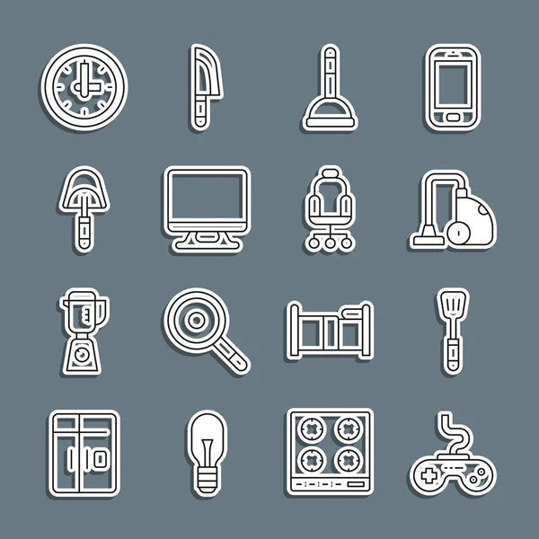 Set line Gamepad, Spatula, Vacuum cleaner, Rubber plunger, Smart Tv, Clock and Office chair icon. Vector — Stockvektor