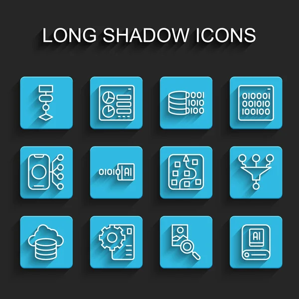 Establecer línea Cloud database, Red neuronal, Algoritmo, Retoque de fotos, Inteligencia artificial AI, Código binario, Filtro de embudo e icono. Vector — Archivo Imágenes Vectoriales