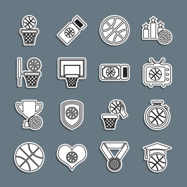 Set çizgisi basketbol antrenmanı, basketbollu sttopwatch, televizyonda maç, arka tahtada ve maç bileti ikonu. Vektör