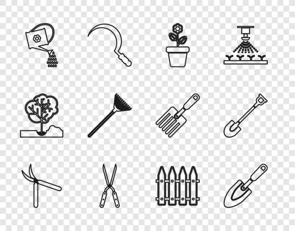 Set line Gardening handmade scissor, trowel spade shovel, Flower pot, Watering can, rake for leaves, fence and icon. Vector — Stock Vector