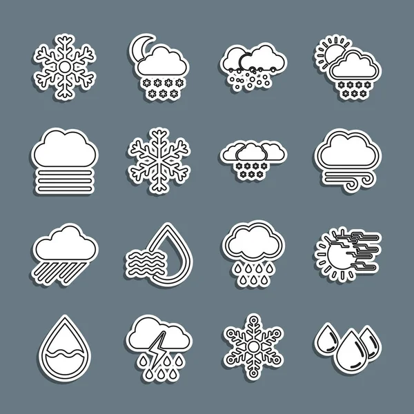 Establezca la línea Gota de agua, niebla y sol, tiempo ventoso, nube con nieve, copo de nieve, nube e icono. Vector — Archivo Imágenes Vectoriales