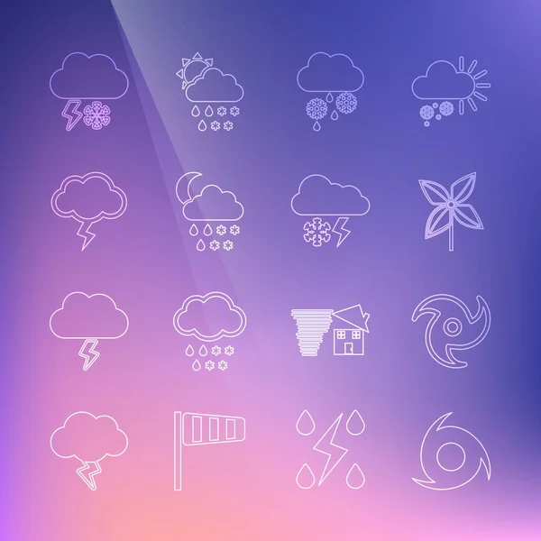 Set line Tornado, Pinwheel, Cloud with snow and rain, snow, rain, moon, Storm, lightning and icon. Vector — 图库矢量图片