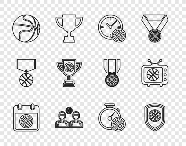 Set line Basketball on sport calendar, Shield in the basketball, Clock with, players, Award cup, Stopwatch and match tv icon. Vector — Stock Vector