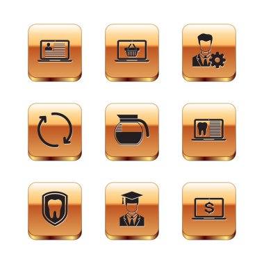 Set Laptop with resume, Dental protection, Graduate graduation cap, Coffee pot, Refresh and Profile settings icon. Vector