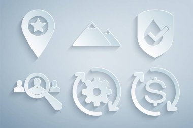 Set Gear and arrows as workflow, Waterproof, Magnifying glass for search people, Return investment, Mountains and Location with star icon. Vector