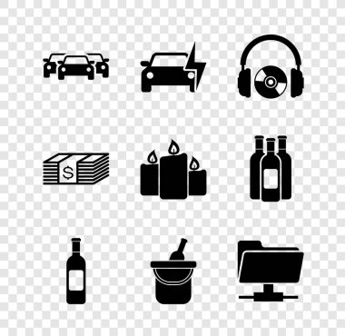 Set Cars, Electric car, Headphones and CD or DVD, Bottle of wine, bucket and FTP folder icon. Vector