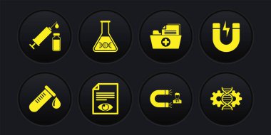 Set Test tube with drop of blood, Magnet lightning, Paper page eye, Customer attracting, Health record folder and DNA research, search icon. Vector