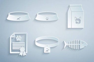 Set Dog collar, Bag of food for dog, Certificate cat, Fish skeleton, Pet bowl and icon. Vector