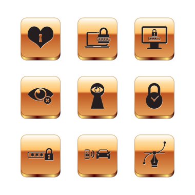 Set Heart with keyhole, Password protection, Smart car alarm system, Keyhole eye, Invisible hide and Monitor password icon. Vector