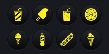 Set Ice cream in waffle cone, Pizza, Bottle of water, Hotdog sandwich, Glass with, and icon. Vector