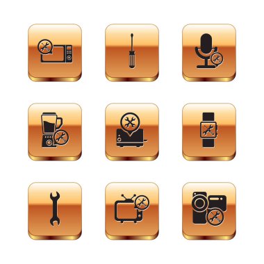 Set Microwave oven service, Wrench, Tv, Toaster, Blender, Microphone, Video camera and Screwdriver icon. Vector