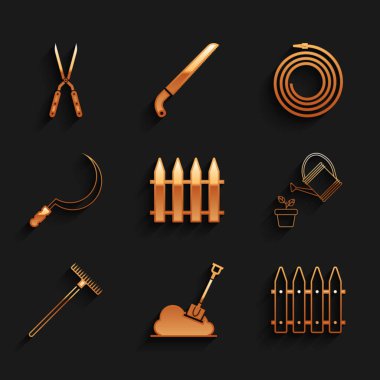 Set Garden fence, Shovel in the ground, Watering can, rake, Sickle, hose or fire hose and Gardening handmade scissor icon. Vector