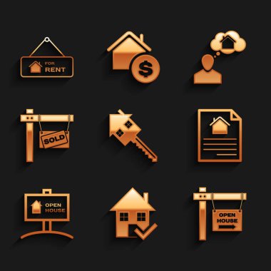 Set House with key, check mark, Hanging sign Open house, contract, Sold, Man dreaming about buying and For Rent icon. Vector
