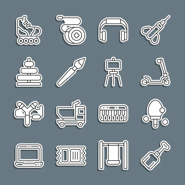 Set line Shovel toy, Racket, Roller scooter, Headphones, Paint brush, Pyramid, skate and Wood easel icon. Vector — Vettoriale Stock