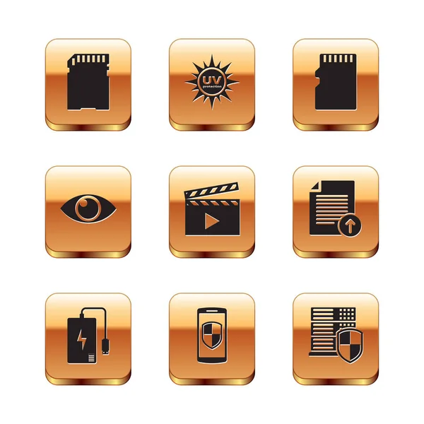 Set SD card, Power bank, Smartphone with shield, Movie clapper, Eye and Micro memory icon. Vector — Stock Vector