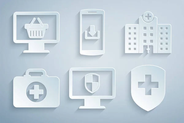 Set Monitor and shield, Medical hospital building, First aid kit, with cross, Smartphone download and shopping basket icon. Vector — Archivo Imágenes Vectoriales