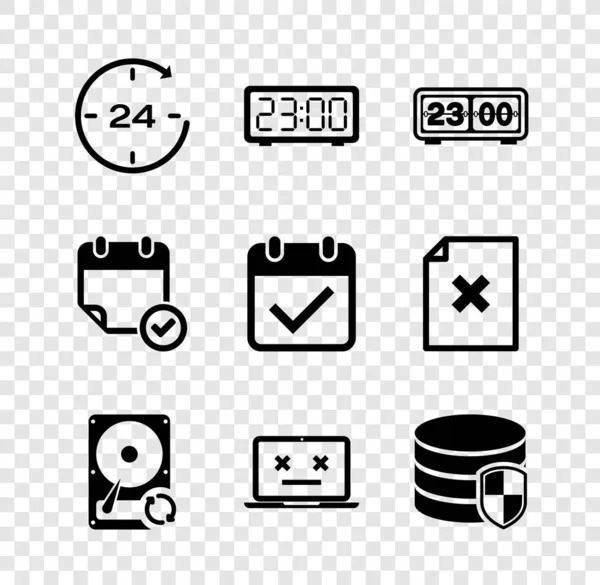 Set Clock 24 hours, Digital alarm clock, Retro flip, Hard disk drive HDD sync refresh, Dead laptop and Database protection icon. Vector — Stockvector