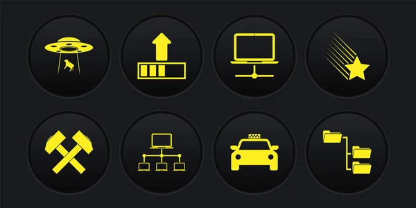 Conjunto de dos martillos cruzados, estrella que cae, red informática, coche de taxi, y el icono de carga. Vector — Vector de stock