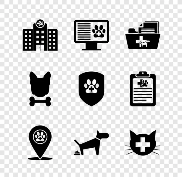 Set Veterinary medicine hospital, Clinical record pet on monitor, Medical veterinary folder, Location, Dog pooping and clinic icon. Vector —  Vetores de Stock