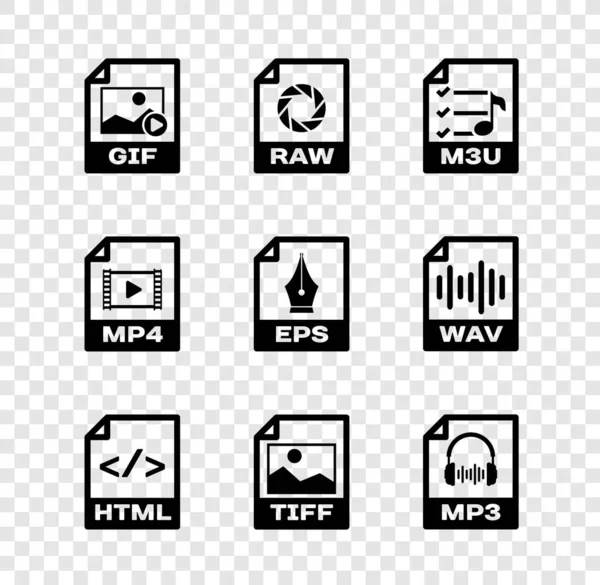 Ορισμός εγγράφου αρχείου GIF, RAW, M3U, HTML, TIFF και MP3 εικονίδιο. Διάνυσμα — Διανυσματικό Αρχείο