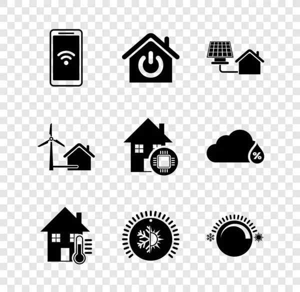 Set Mobile with wi-fi wireless, Smart home, House solar panel, temperature, Thermostat, wind turbine and icon. Vector — Stock Vector
