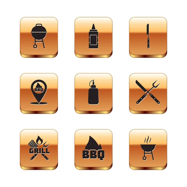 Set Barbecue grill, Crossed fork and spatula, fire flame, Mustard bottle, Location with barbecue, knife, and icon. Vector — Stockvektor