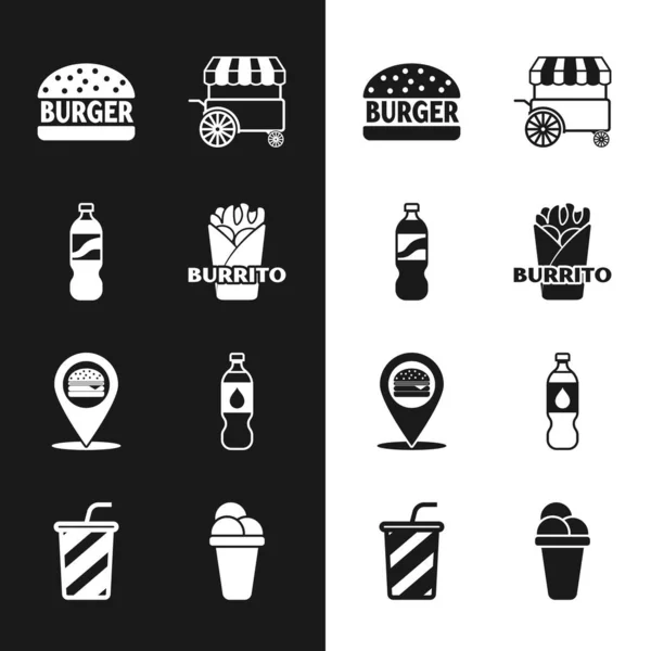 Set Burrito, Bottle of water, Burger, Fast street food cart, Location with burger, Ice cream and Glass icon. Vector — стоковый вектор