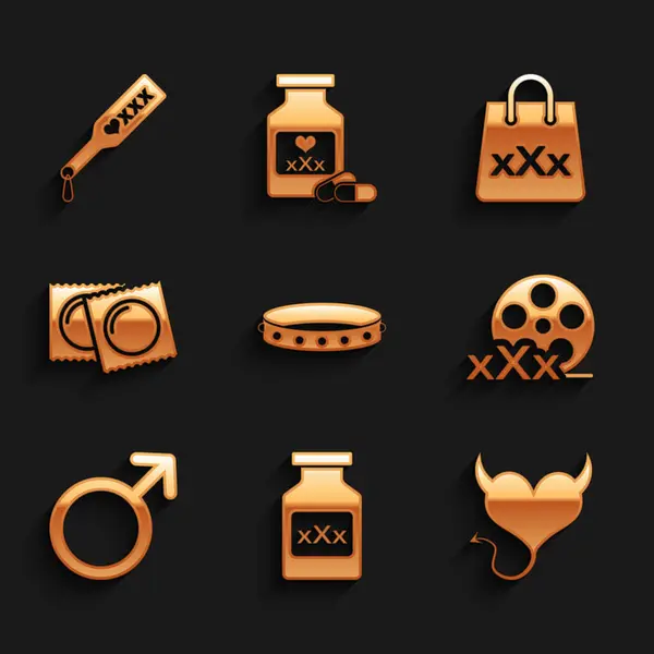 Set Leather fetish collar, Bottle with pills for potency, Devil heart horns, Film reel Sex, Male gender symbol, Condoms in package, Shopping bag triple X and Spanking paddle icon. Vector — 图库矢量图片