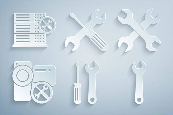 Set Screwdriver and wrench, Crossed wrenchs, Video camera service, Wrench, screwdriver and Database server icon. Vector — Stock Vector