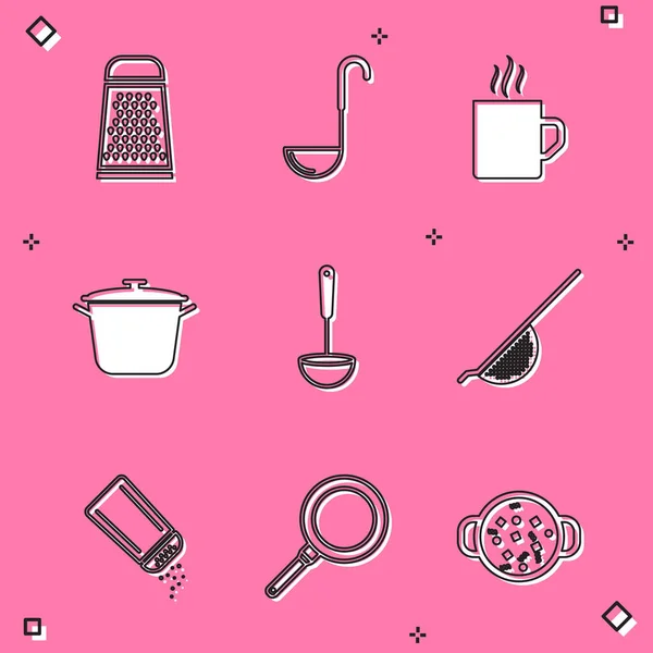Встановіть решітку, кухонну ковдру, чашку кави, каструлю для приготування їжі, друшляк, перець солі та піктограму сковороди. Векторні — стоковий вектор