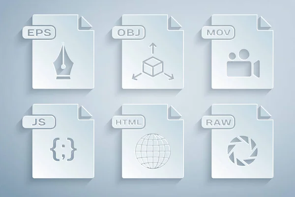 Set HTML file document, MOV, JS, RAW, OBJ and EPS icon. Vector — Διανυσματικό Αρχείο